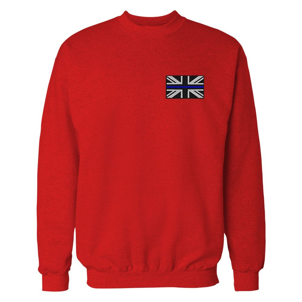 Red sweatshirt with a small embroidered Thin Blue Line American flag on the left chest.