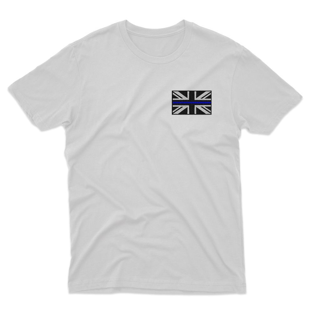 White t-shirt with a small, square Union Jack flag with a blue stripe on the left chest.