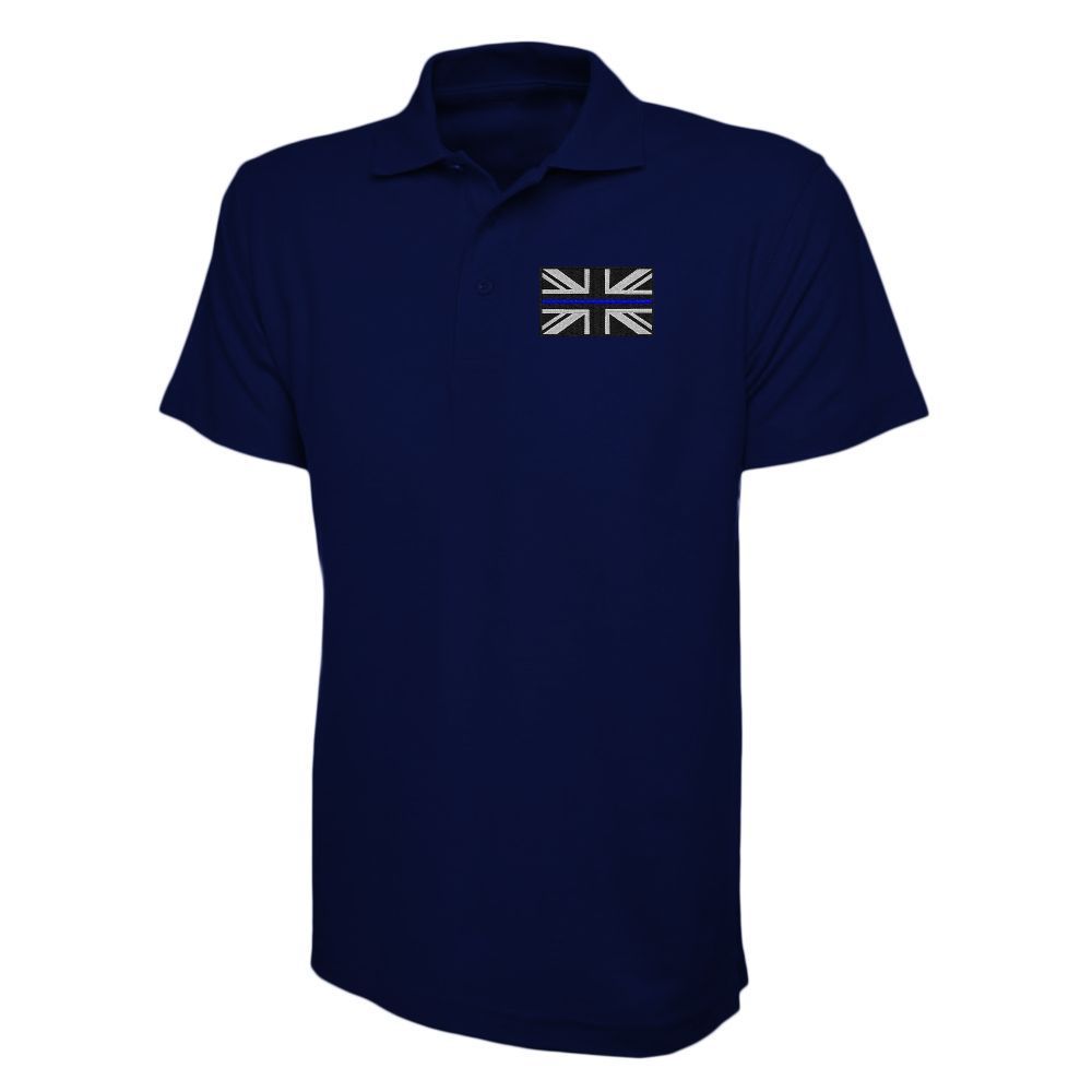 Blue polo shirt with a small black and white British flag patch on the left chest.