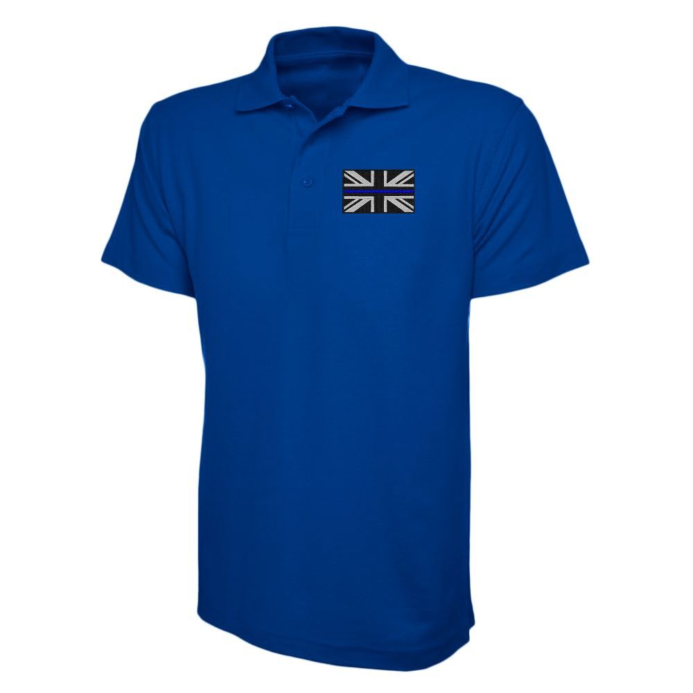 Blue polo shirt with a small black and white British flag patch on the left chest.