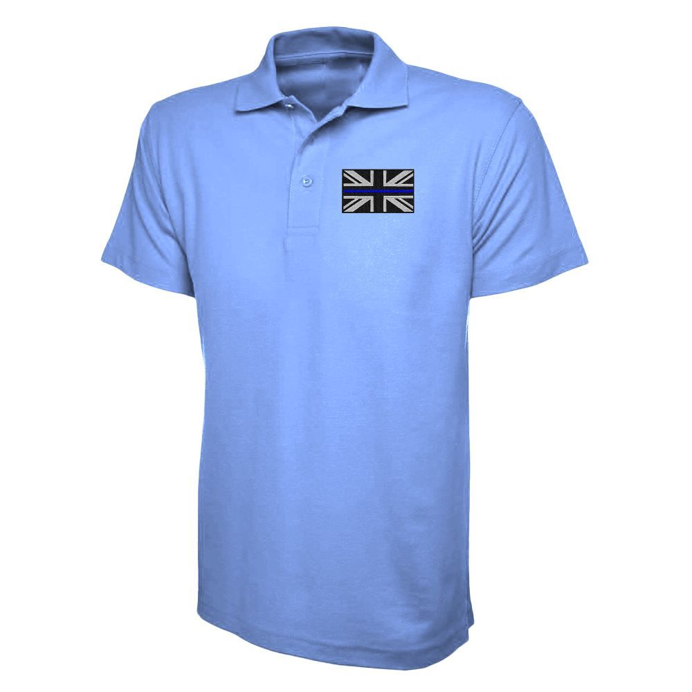 Light blue polo shirt with a small Union Jack emblem on the chest.