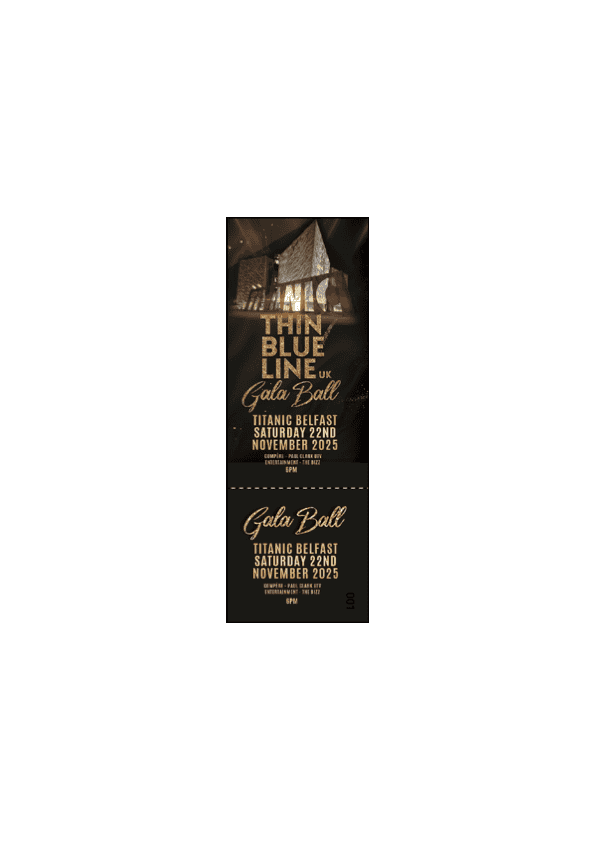 Poster for "Thin Blue Line Gala." Dark gold text, house silhouette, event details.