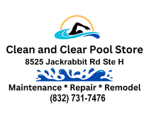 Logo for Clean and Clear Pool Store, 8525 Jackrabbit Rd Ste H, offering maintenance, repair, and remodel. (832) 731-7476.