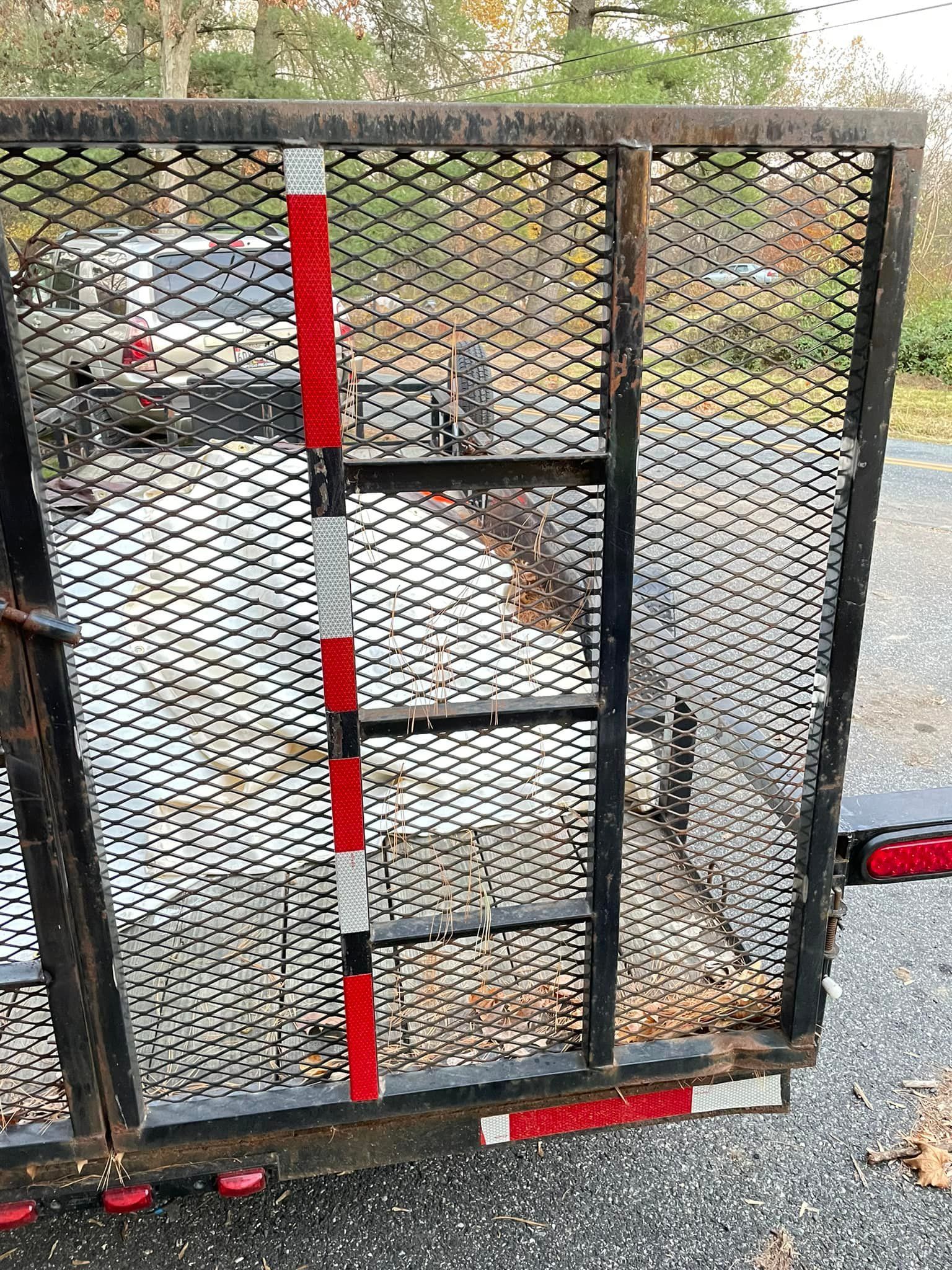 A trailer with a ladder attached to it is parked on the side of the road.