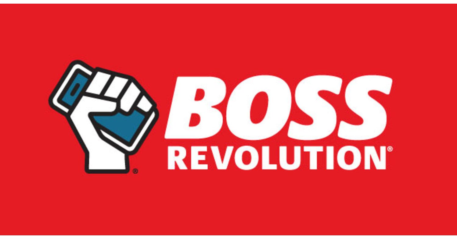 A boss revolution logo with a fist on a red background