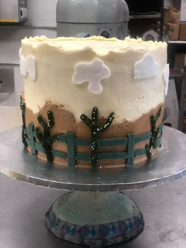 A cake with a fence and cactus on it