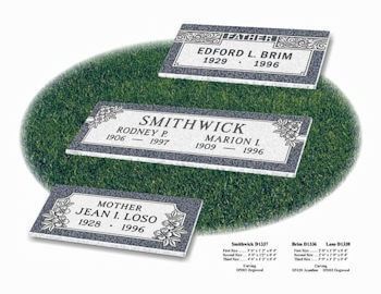Three rectangular grave markers with engraved names and dates displayed on a green, grassy patch.
