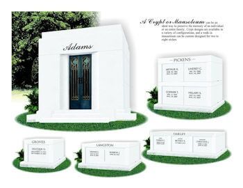 A display of white stone mausoleums and crypts featuring various family names and designs set on patches of grass.