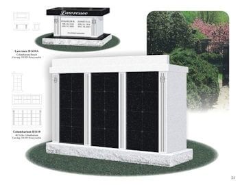 Catalog page showing a black granite cremation bench and a large three-section granite columbarium on a grassy base.