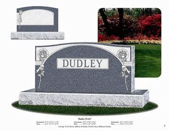 A product catalog page displaying two gray granite tombstone designs with floral carvings and the name DUDLEY.