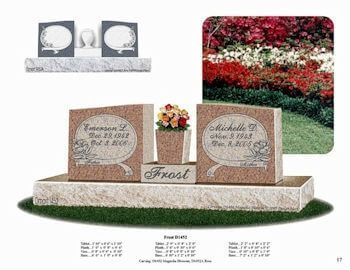 A granite double tombstone featuring two upright markers, a center vase, and a base, displayed against a floral garden.