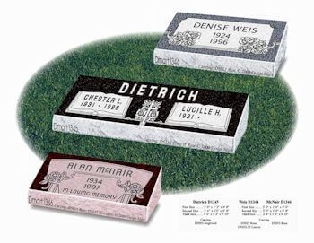 Three different granite memorial grave markers arranged on a grass background, with size specifications listed below.