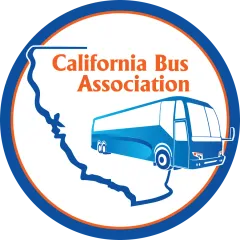 California Bus Association logo: Blue bus illustration inside a circle, with a map of California, and text.