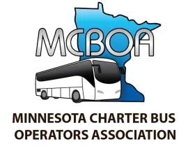 MCBOA logo with a charter bus in front of a blue Minnesota outline. Text says Minnesota Charter Bus Operators Association.
