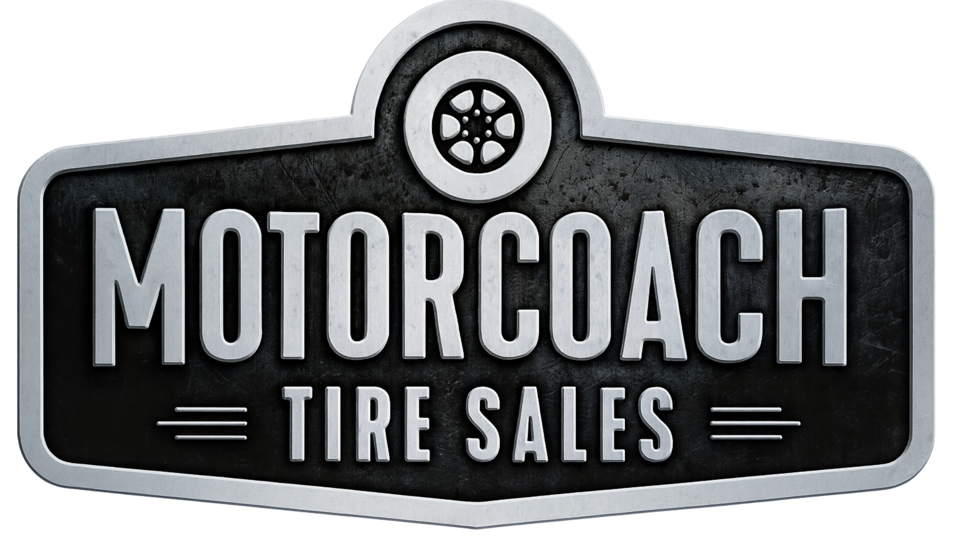 Motorcoach Tire Sales logo: Black and gray metal plaque with stylized wheel graphic.