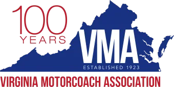 Logo for Virginia Motorcoach Association: Blue Virginia outline with 