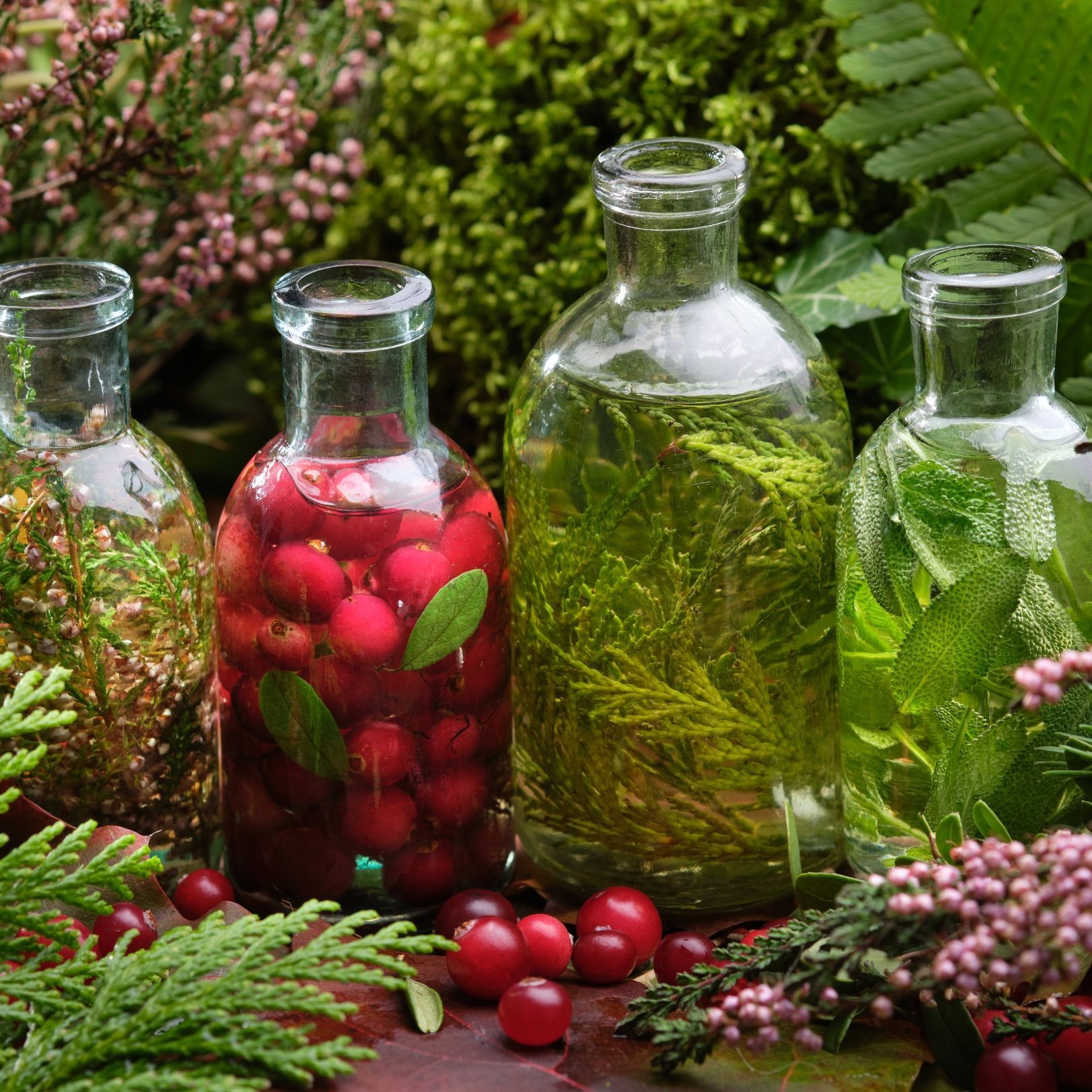 Four glass bottles with colorful infused liquids, surrounded by greenery and cranberries.