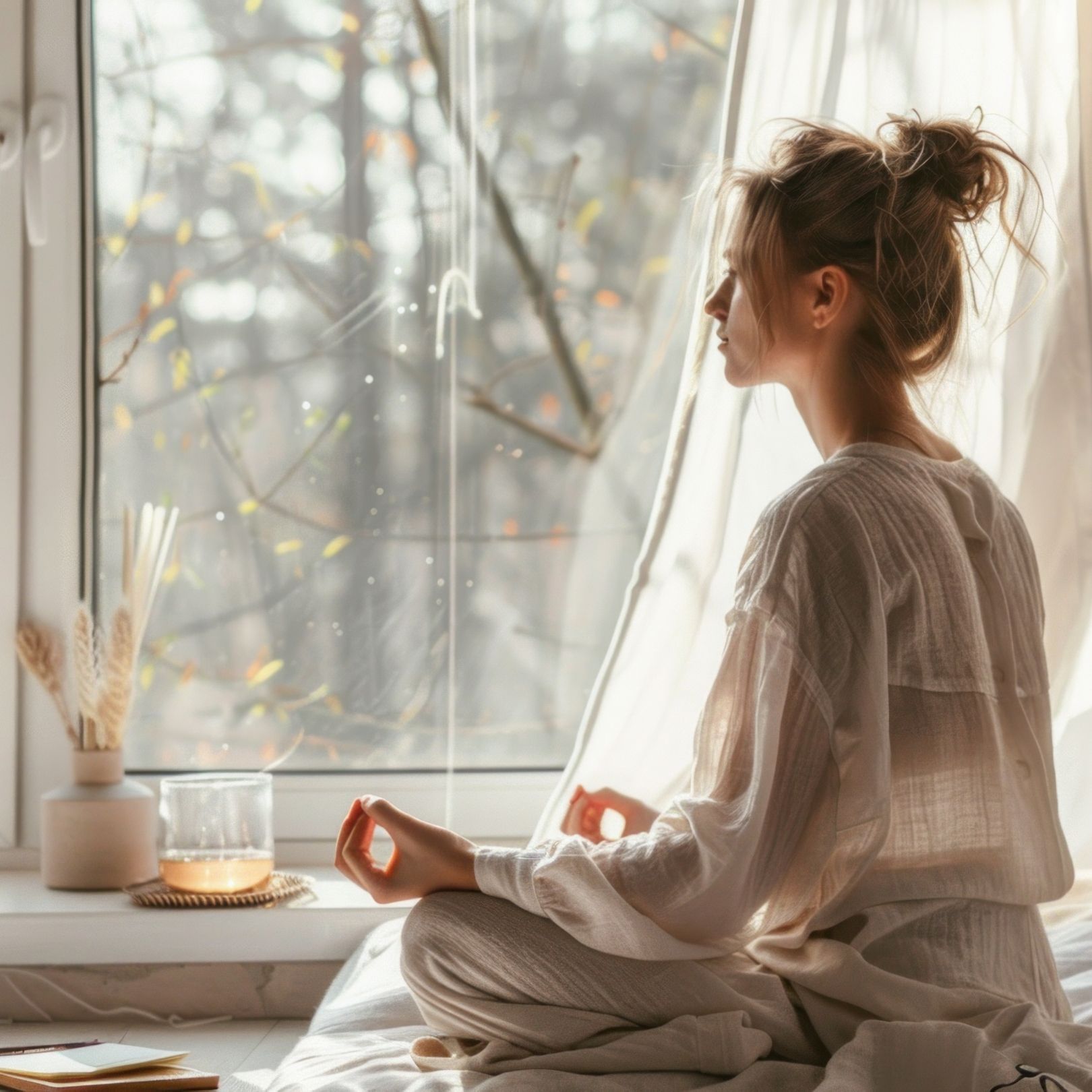 Woman meditating by a window with closed eyes, hands in a mudra position, tea, and natural light.