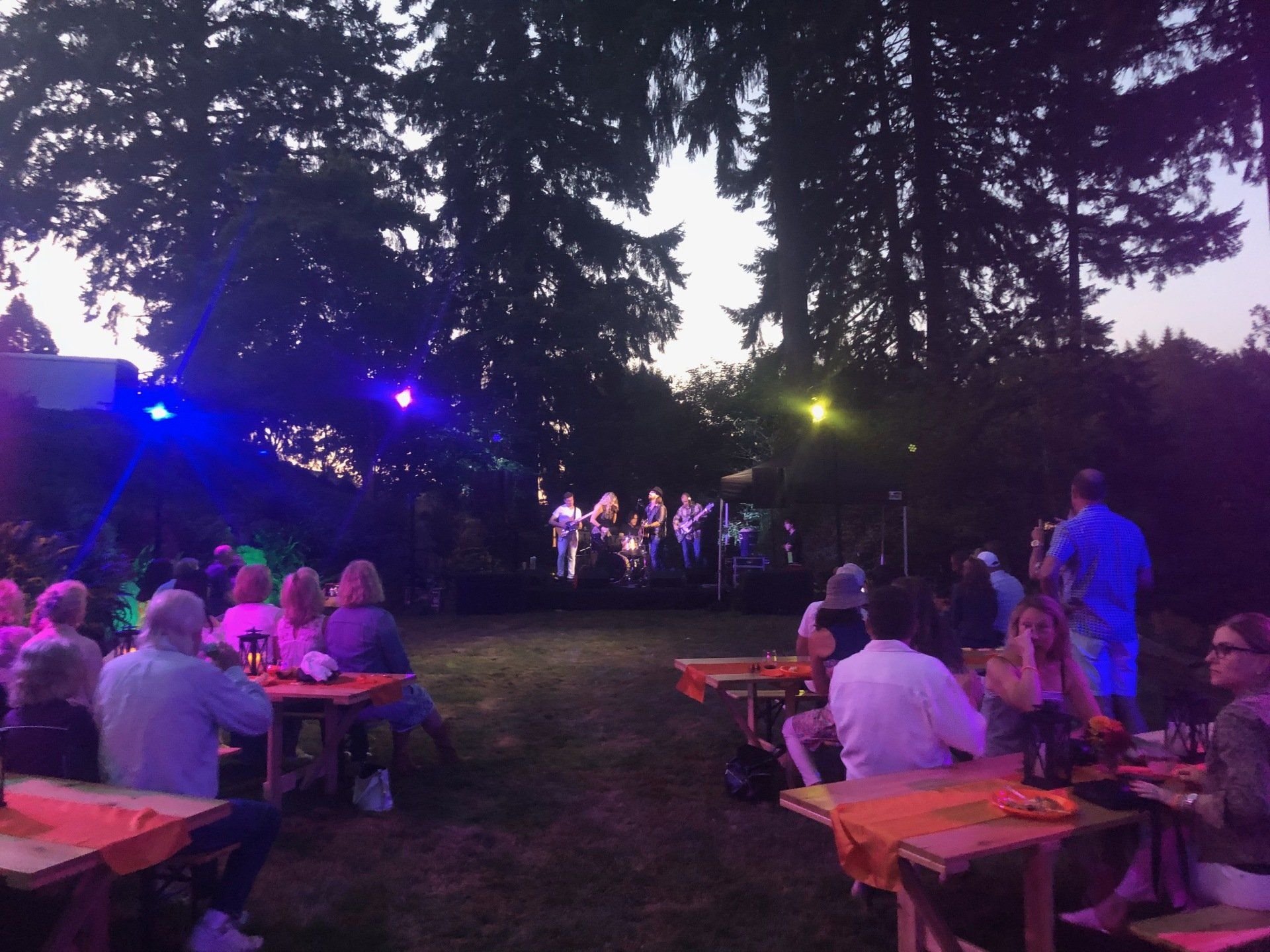 An outdoor concert at dusk. A band plays on stage. People seated at tables watch the performance.