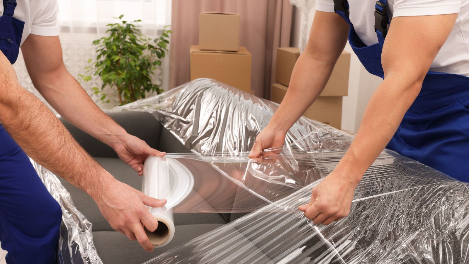 Two men wrapping a couch with plastic wrap. 