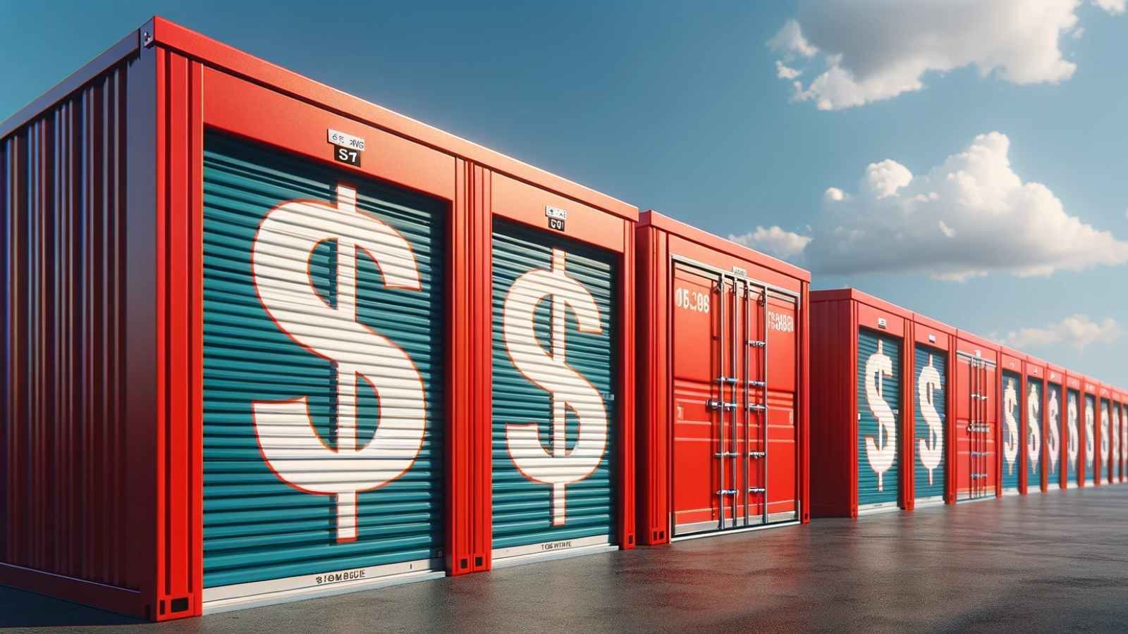 cheap self storage units with money symbols on the front.