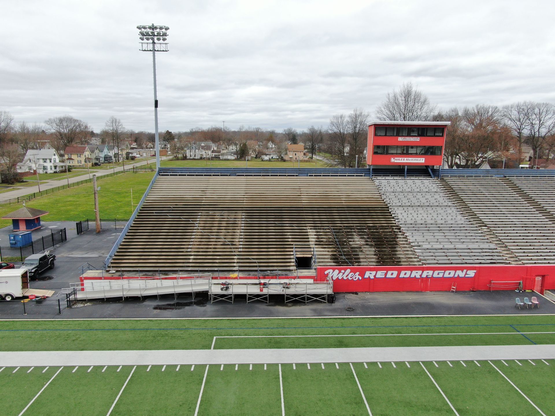 Before image of Bo-Rein Stadium image by drone, sorely in need of cleaning and restorations