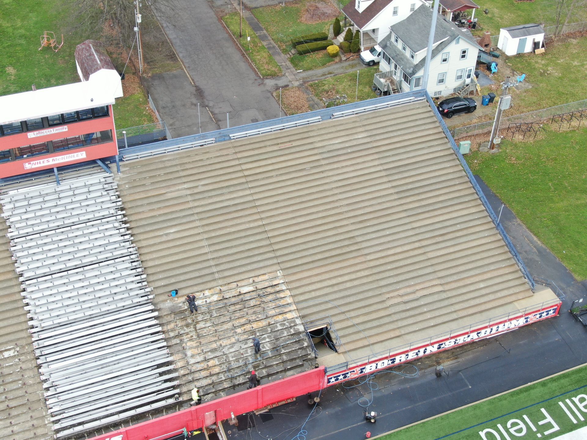 Image of Bo-Rein Stadium halfway through cleaning and restorations
