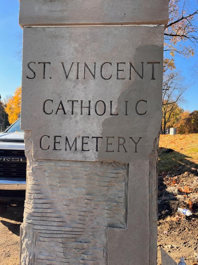 In Process restoration of the entrance stone at St. Vincent Catholic Cemetery by Ameriseal and Restoration
