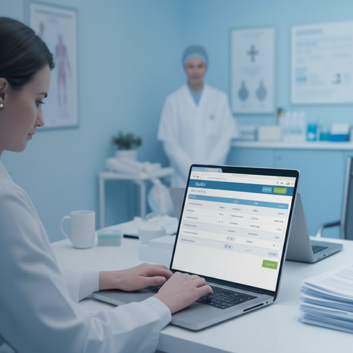 Une femme en blouse blanche utilise un ordinateur portable dans un cabinet médical ; une autre personne se tient à l'arrière-plan.