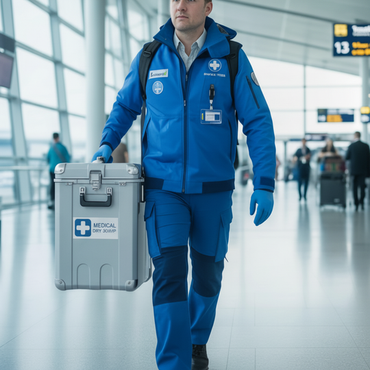 Un ambulancier en uniforme bleu transportant une mallette médicale dans un aéroport.