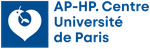 Logo de l'AP-HP. Centre Université de Paris, un carré bleu avec un motif en forme de cœur et du texte.
