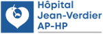 Logo de l'Hôpital Jean-Verdier AP-HP : cœur blanc avec un oiseau et un poisson sur fond bleu. Texte bleu.