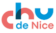 Logo du Groupe Hospitalier du Havre. Carrés bleus avec des lignes blanches courbes et du texte.