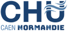 Logo du CHU Caen Normandie : « CHU » en bleu foncé avec le texte Caen Normandie en dessous et un motif de vague stylisé.