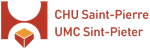 Logo du CHU Saint-Pierre UMC Sint-Pieter. Il représente un « H » abstrait rouge, un cube et un texte en brun.