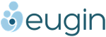 Logo Eugin : symbole bleu clair d'une famille, texte bleu sarcelle foncé.