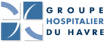 Logo du Groupe Hospitalier du Havre. Carrés bleus avec des lignes blanches courbes et du texte.