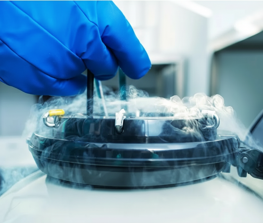 Main gantée ouvrant un récipient d'où s'échappe une vapeur froide. Environnement de laboratoire.