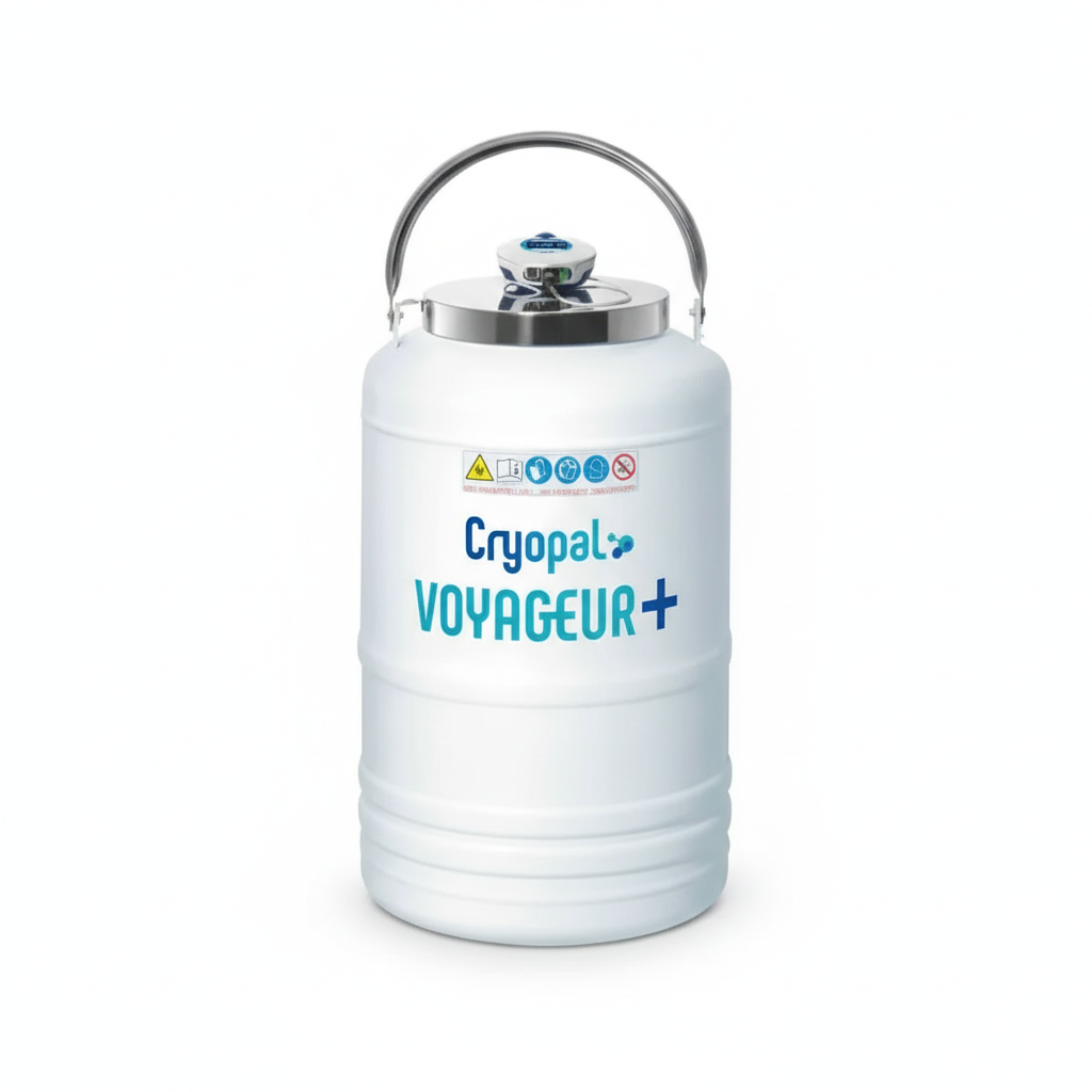 Conteneur d'azote liquide White Cryopal Voyager+ avec poignée, étiquettes d'avertissement et texte bleu.
