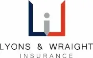 The logo for lyons & wrought insurance is red , white and blue.