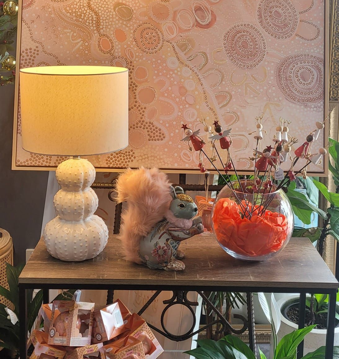 Lamp, Art Piece, Squirrel Statue, Glass Bowl of Fruit, and Plants — Tropical North Framing Gallery Cairns in Cairns, QLD