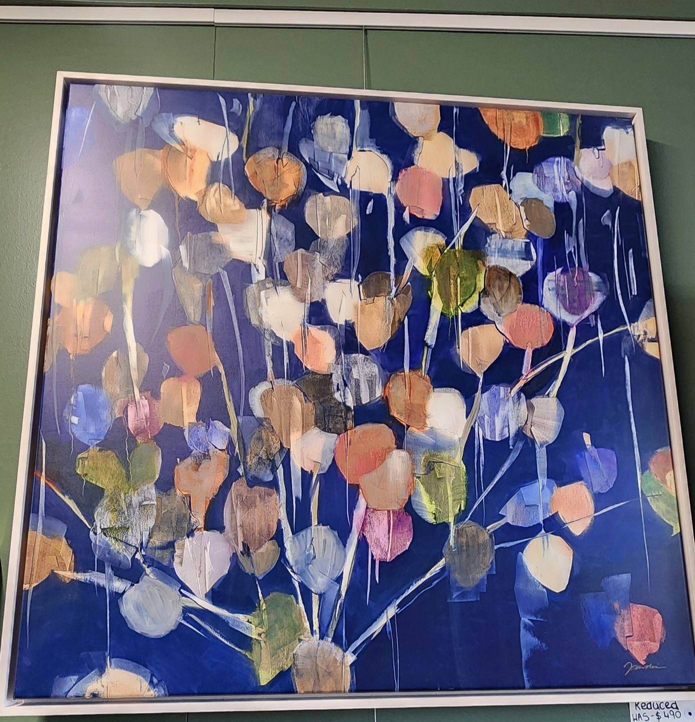 Abstract Painting With Colourful Leaf Shapes on a Blue Background — Tropical North Framing Gallery Cairns in Cairns, QLD