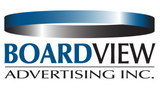 The logo for boardview advertising inc. is blue and silver