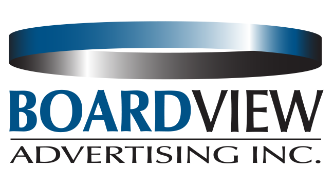 The logo for boardview advertising inc. is blue and silver