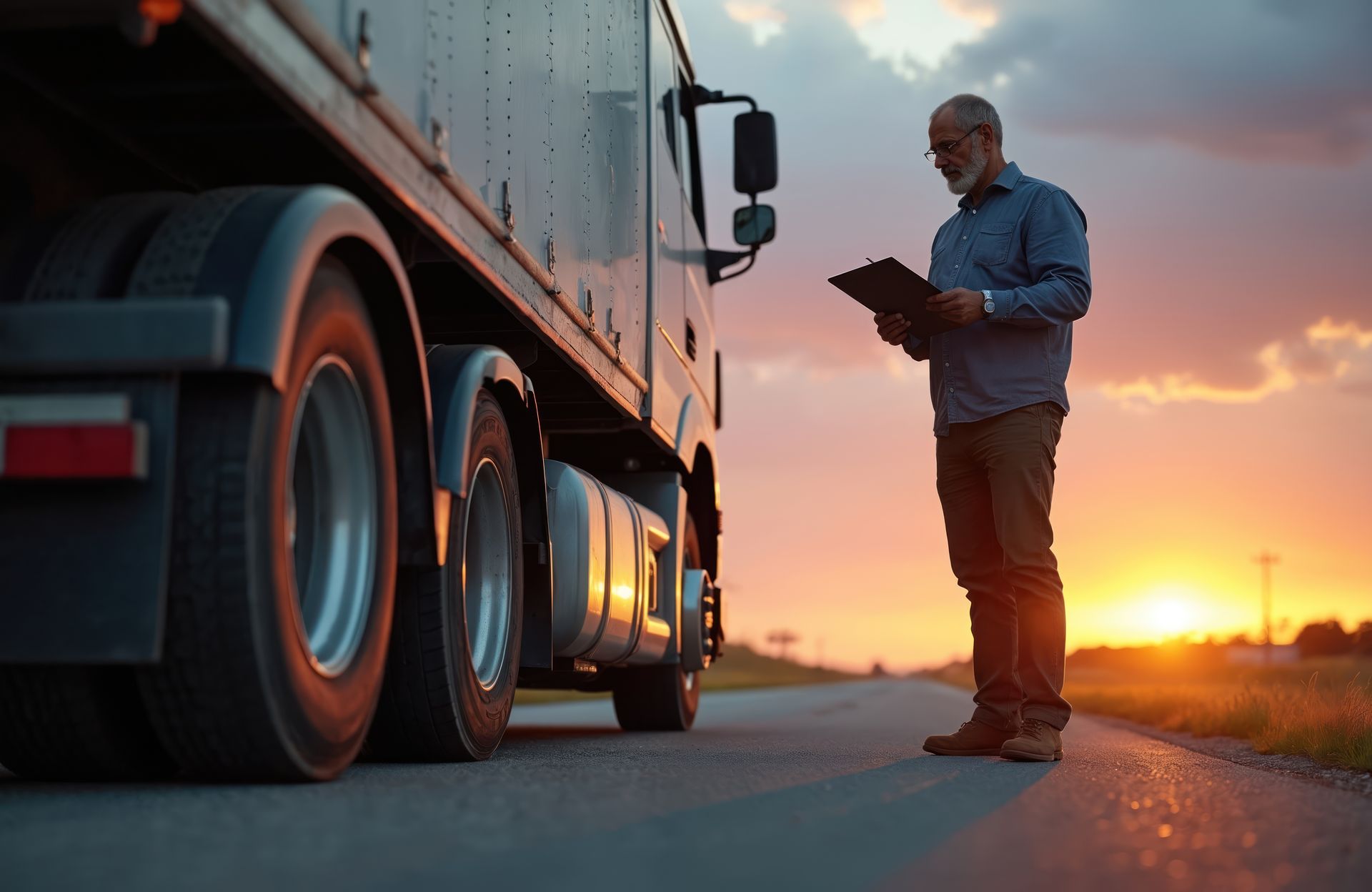 Truck driver checking paperwork next to his semi-truck on a road at sunset.