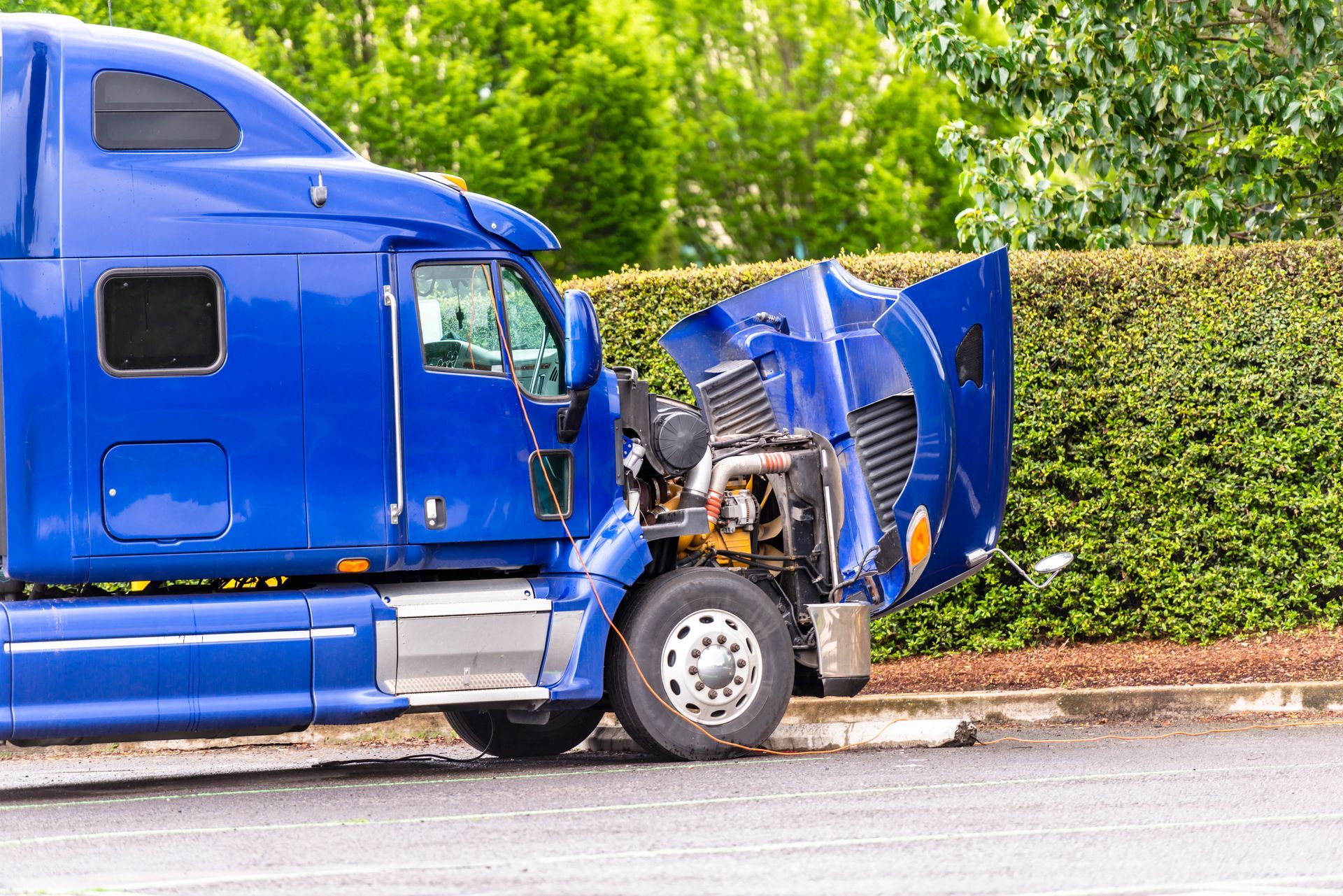 Blue semi-truck with damaged front end, parked on a road beside green bushes.