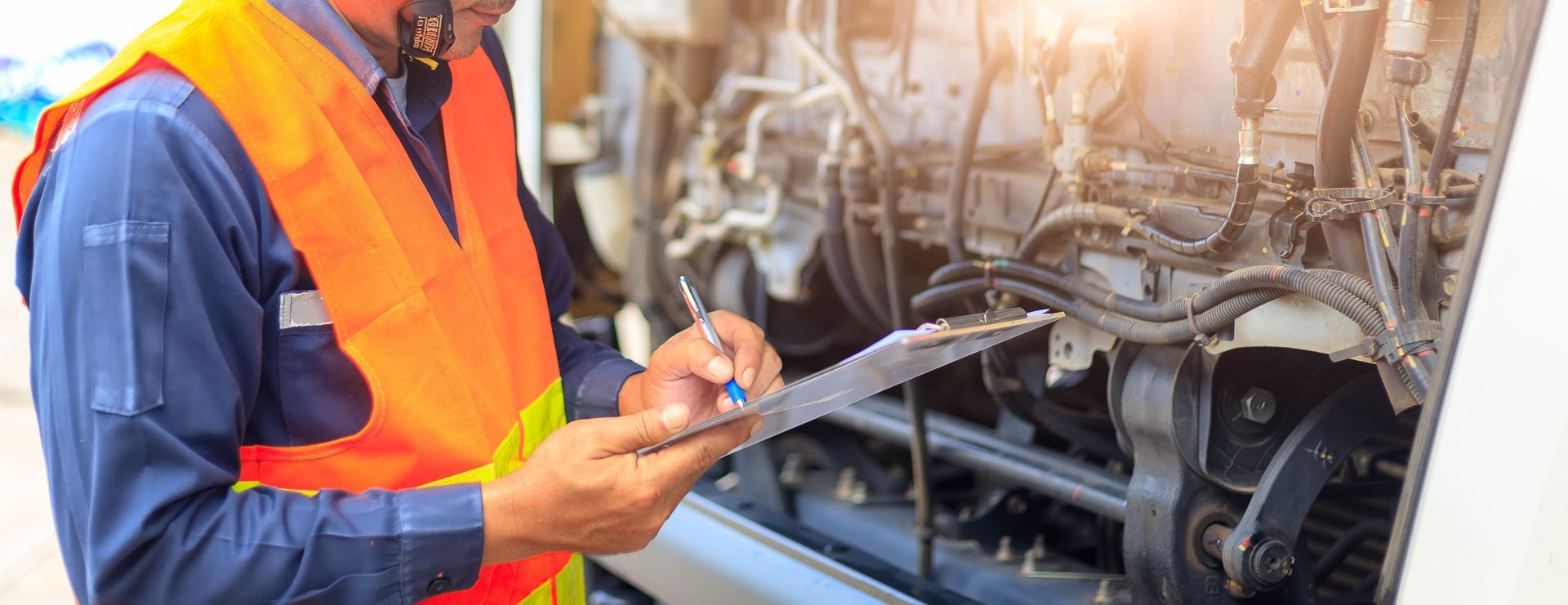 Person in safety vest inspecting vehicle engine, writing on a clipboard.