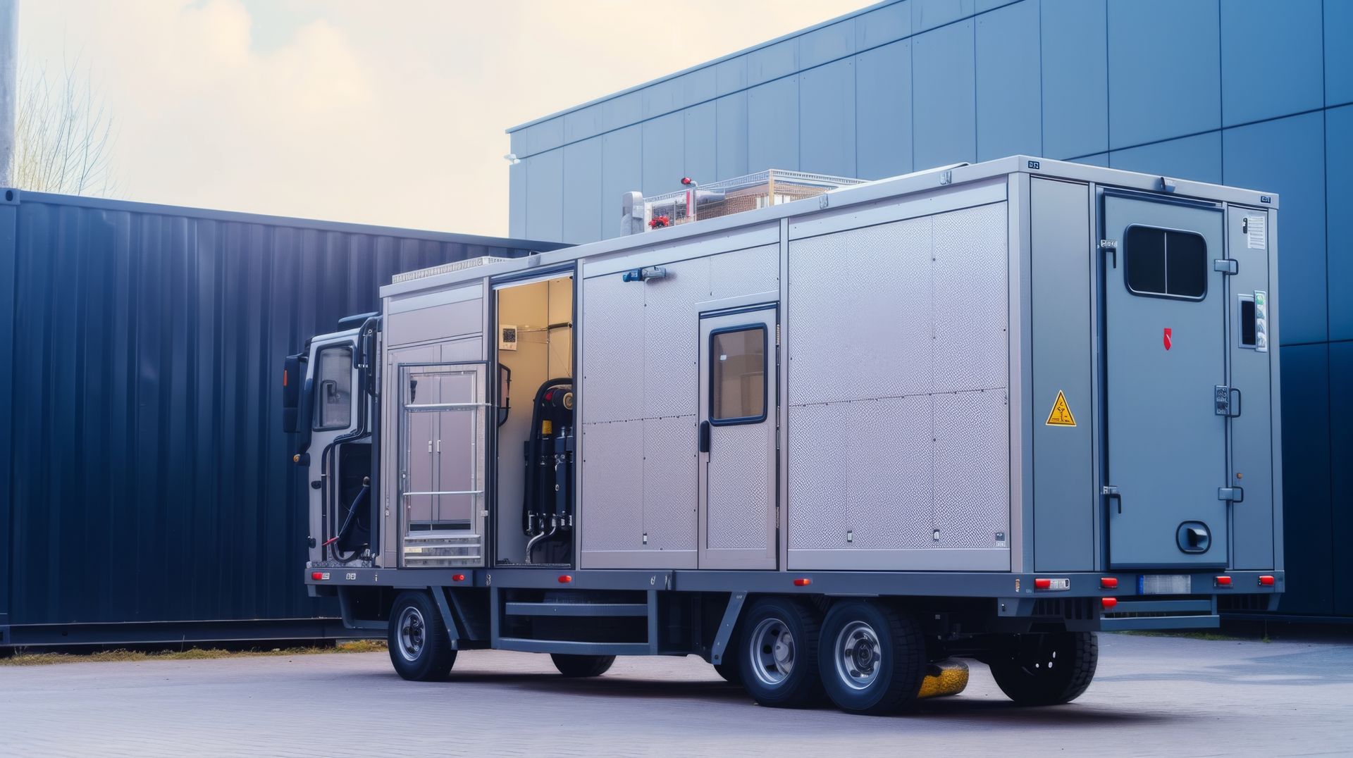 Silver truck with open doors, parked outside a building.
