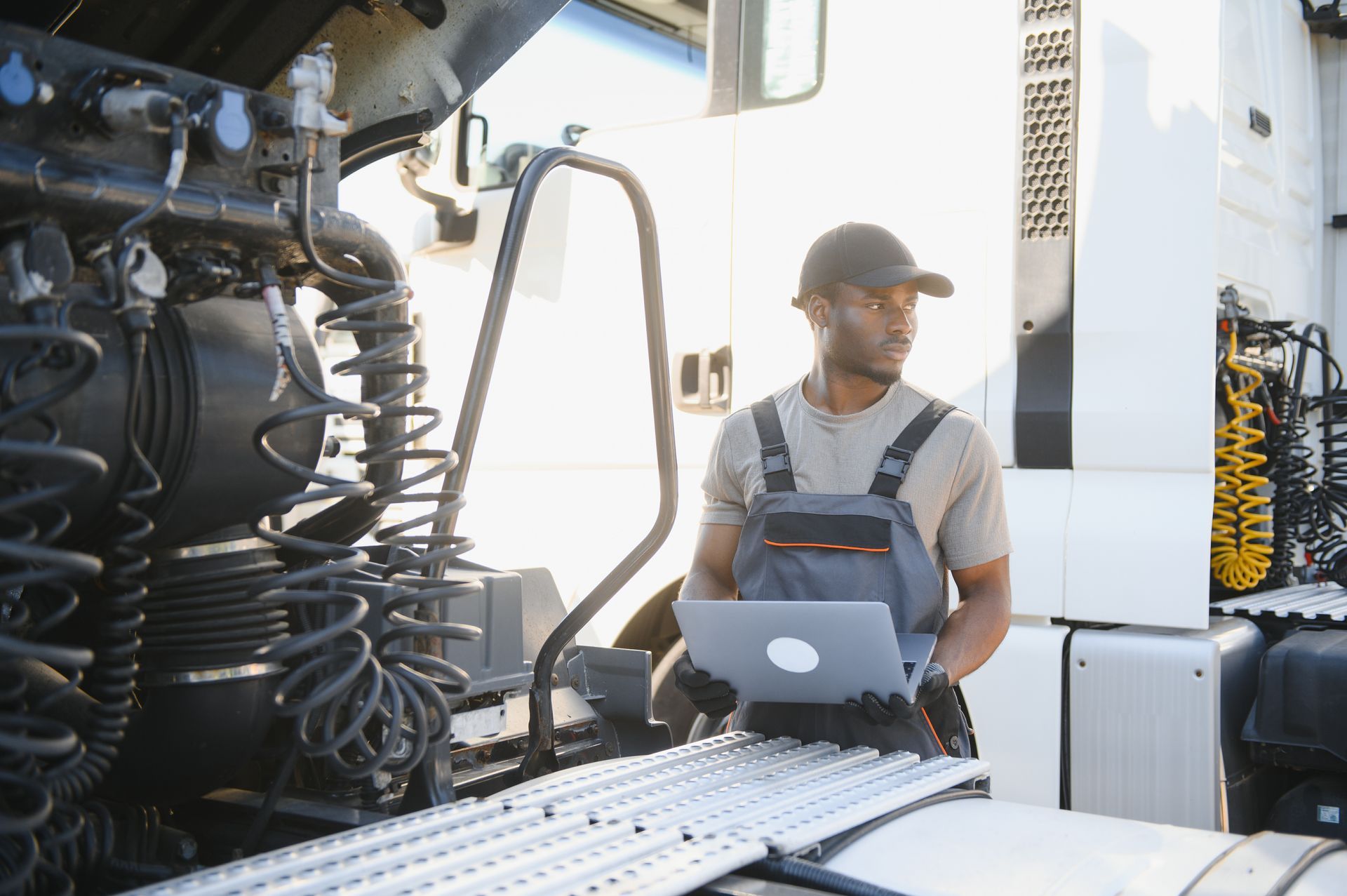 Mechanic with laptop inspecting a semi-truck engine. Outdoors, wearing coveralls and a cap, looking off to the side.