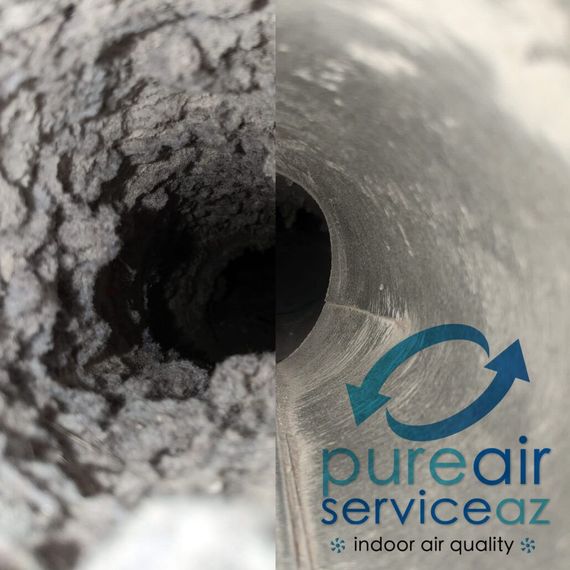 A before and after picture of a pipe with the words pureair serviceaz indoor air quality